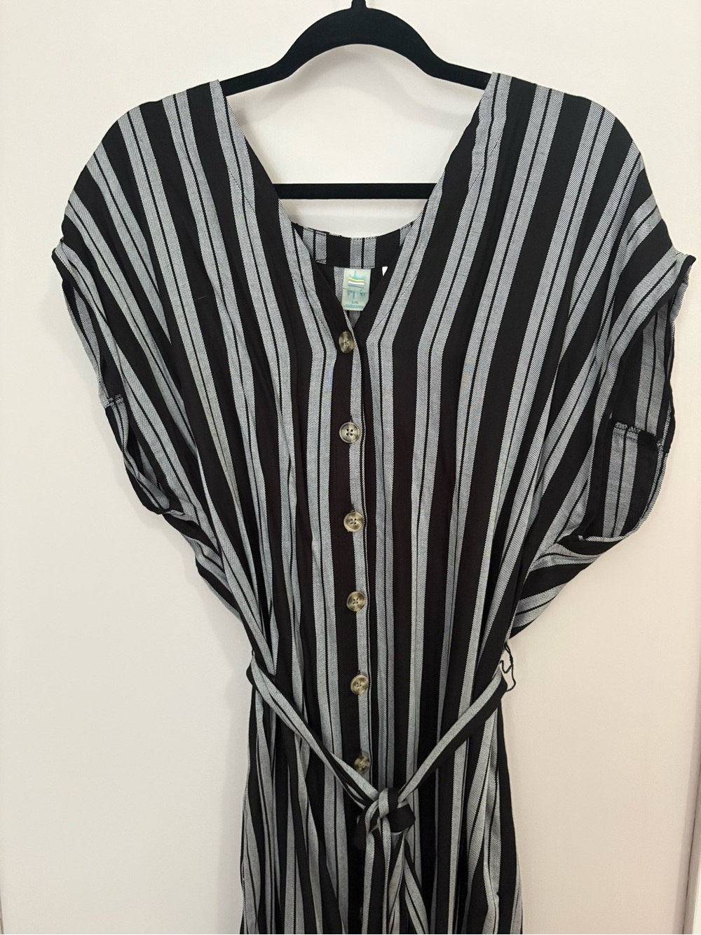 Striped Button-Front Midi Dress/Cover Up with Tie Waist - Black & Gray